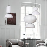 Modern Mulberry Silk Lantern Pendant Light White Fabric Chandelier with Oak Wood Ring