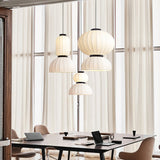 Modern Mulberry Silk Lantern Pendant Light White Fabric Chandelier with Oak Wood Ring
