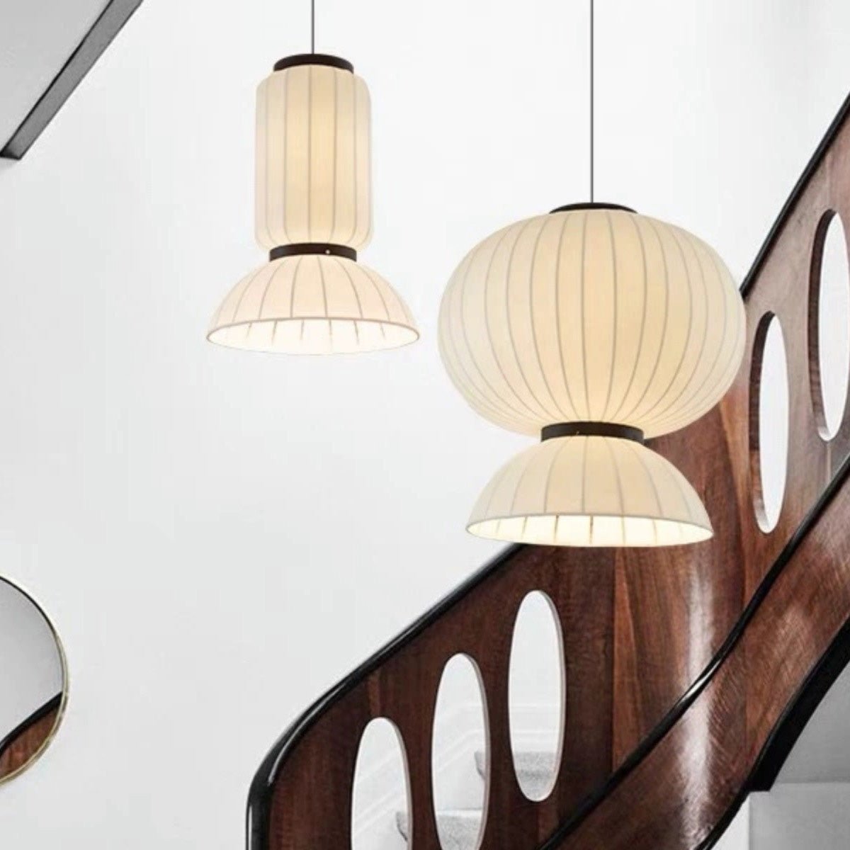 Modern Mulberry Silk Lantern Pendant Light White Fabric Chandelier with Oak Wood Ring