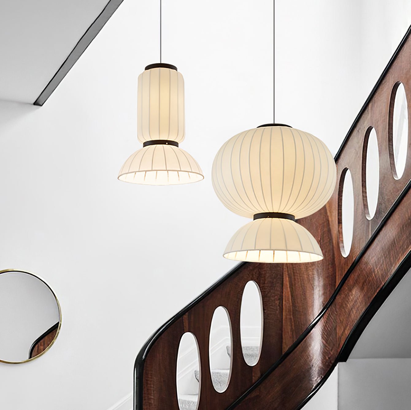 Modern Mulberry Silk Lantern Pendant Light White Fabric Chandelier with Oak Wood Ring