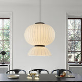 Modern Mulberry Silk Lantern Pendant Light White Fabric Chandelier with Oak Wood Ring