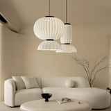 Modern Mulberry Silk Lantern Pendant Light White Fabric Chandelier with Oak Wood Ring