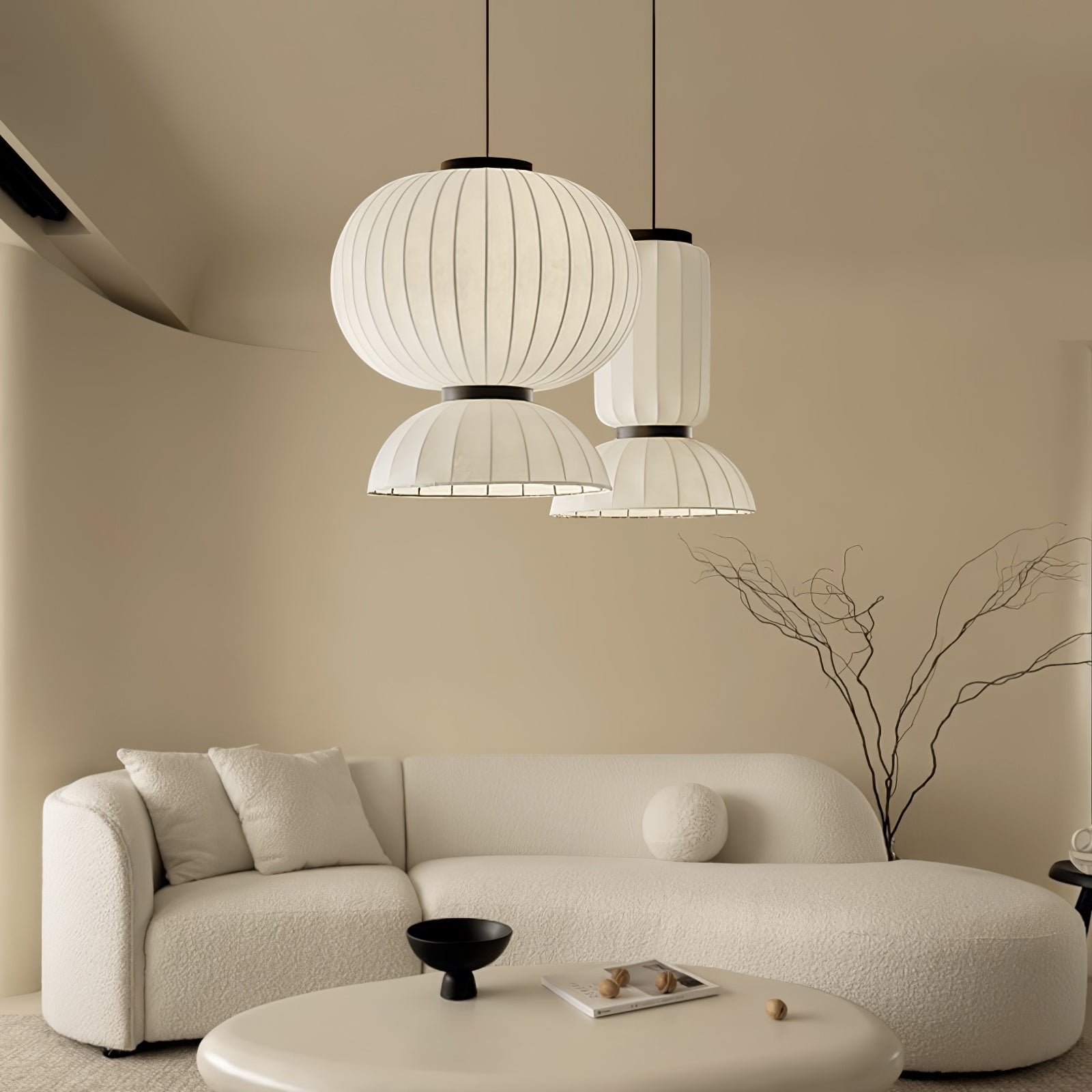 Modern Mulberry Silk Lantern Pendant Light White Fabric Chandelier with Oak Wood Ring