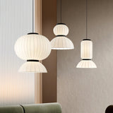 Modern Mulberry Silk Lantern Pendant Light White Fabric Chandelier with Oak Wood Ring