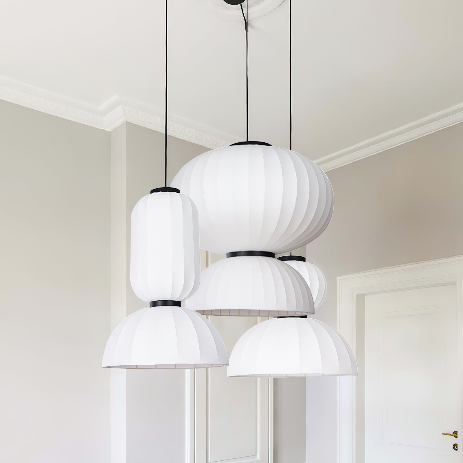 Modern Mulberry Silk Lantern Pendant Light White Fabric Chandelier with Oak Wood Ring