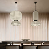 Modern Mulberry Silk Lantern Pendant Light White Fabric Chandelier with Oak Wood Ring