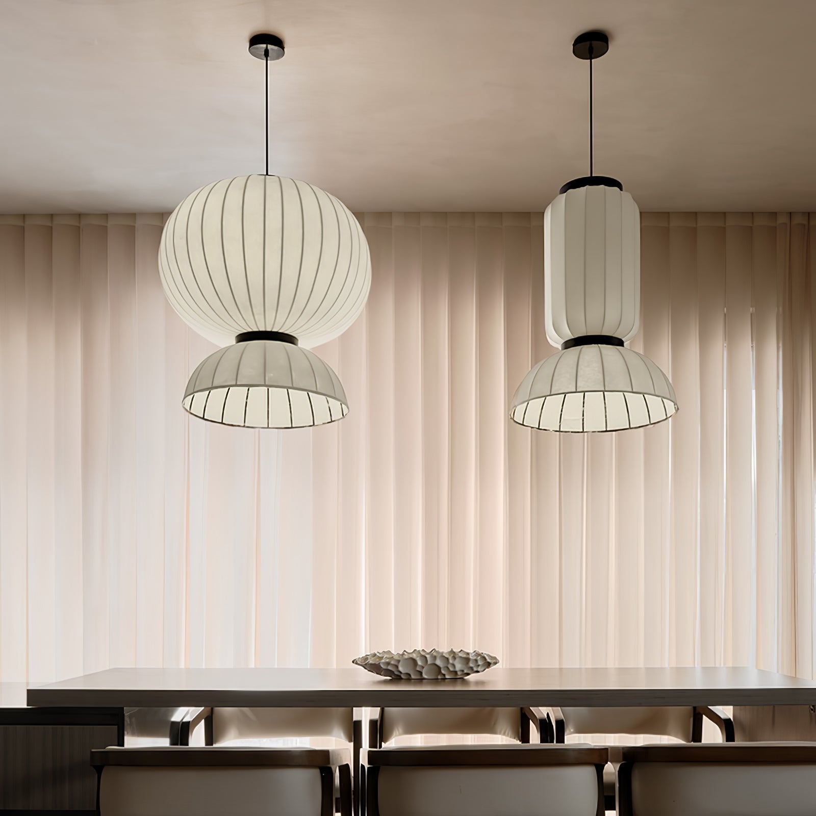 Modern Mulberry Silk Lantern Pendant Light White Fabric Chandelier with Oak Wood Ring