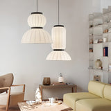 Modern Mulberry Silk Lantern Pendant Light White Fabric Chandelier with Oak Wood Ring