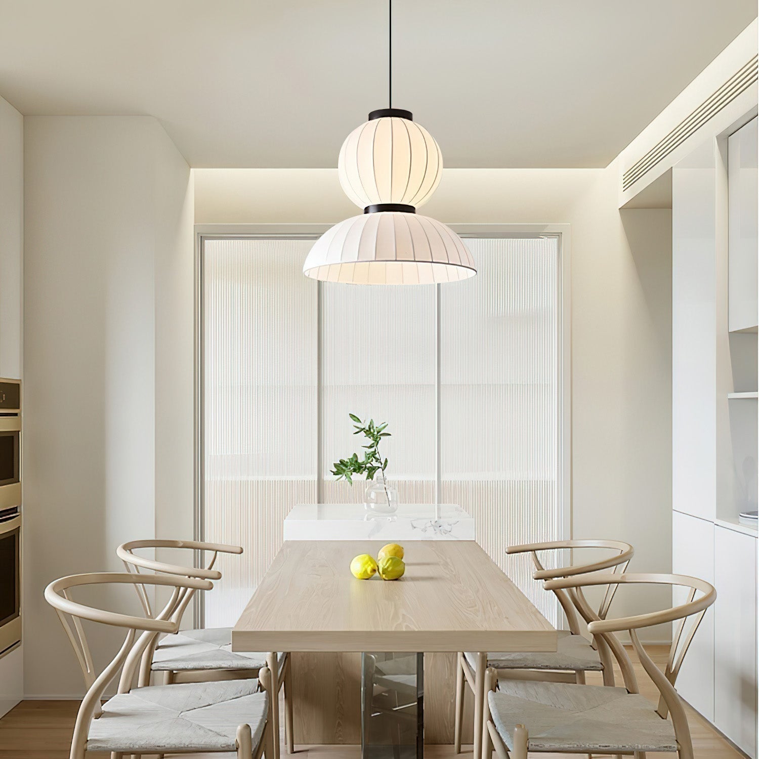 Modern Mulberry Silk Lantern Pendant Light White Fabric Chandelier with Oak Wood Ring