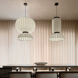 Modern Mulberry Silk Lantern Pendant Light White Fabric Chandelier with Oak Wood Ring