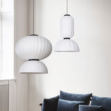 Modern Mulberry Silk Lantern Pendant Light White Fabric Chandelier with Oak Wood Ring