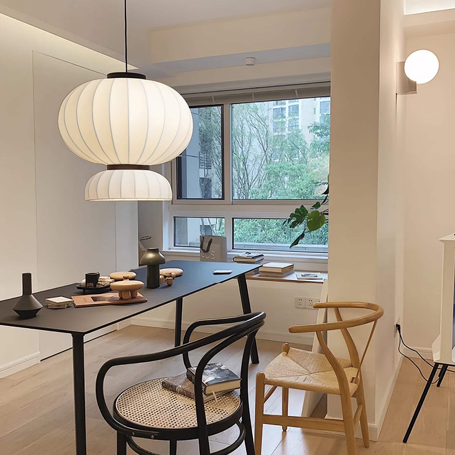 Modern Mulberry Silk Lantern Pendant Light White Fabric Chandelier with Oak Wood Ring