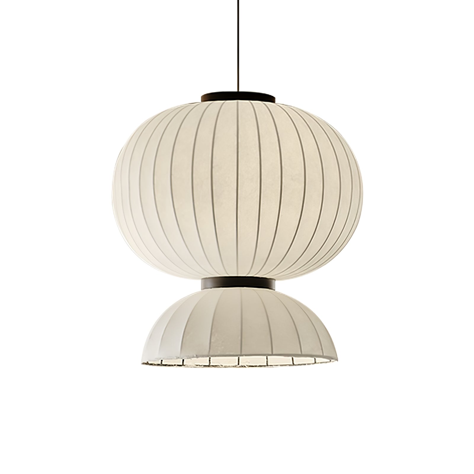 Modern Mulberry Silk Lantern Pendant Light White Fabric Chandelier with Oak Wood Ring