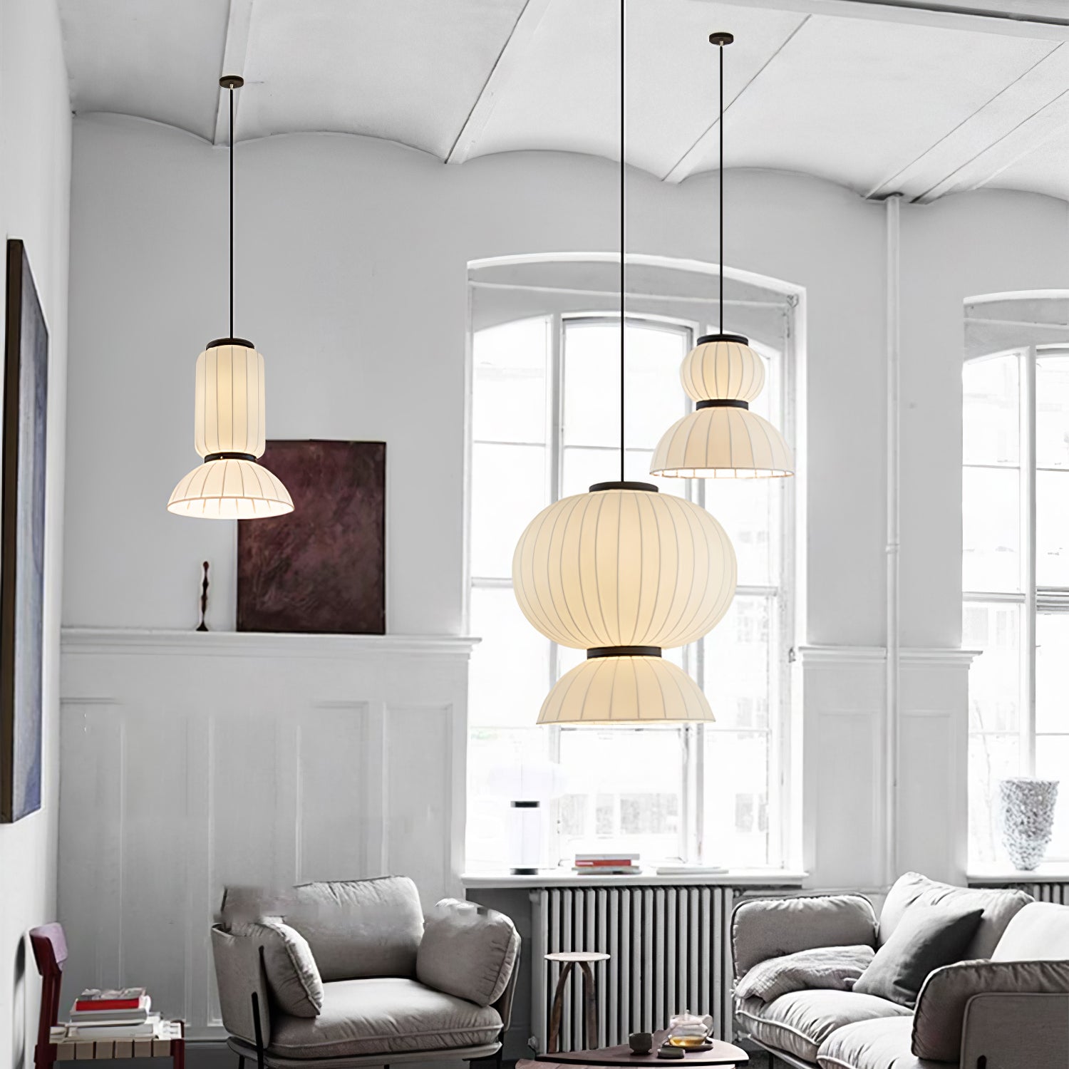 Modern Mulberry Silk Lantern Pendant Light White Fabric Chandelier with Oak Wood Ring