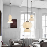 Modern Mulberry Silk Lantern Pendant Light White Fabric Chandelier with Oak Wood Ring