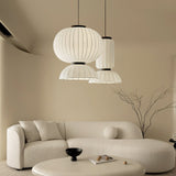 Modern Mulberry Silk Lantern Pendant Light White Fabric Chandelier with Oak Wood Ring
