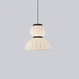 Modern Mulberry Silk Lantern Pendant Light White Fabric Chandelier with Oak Wood Ring
