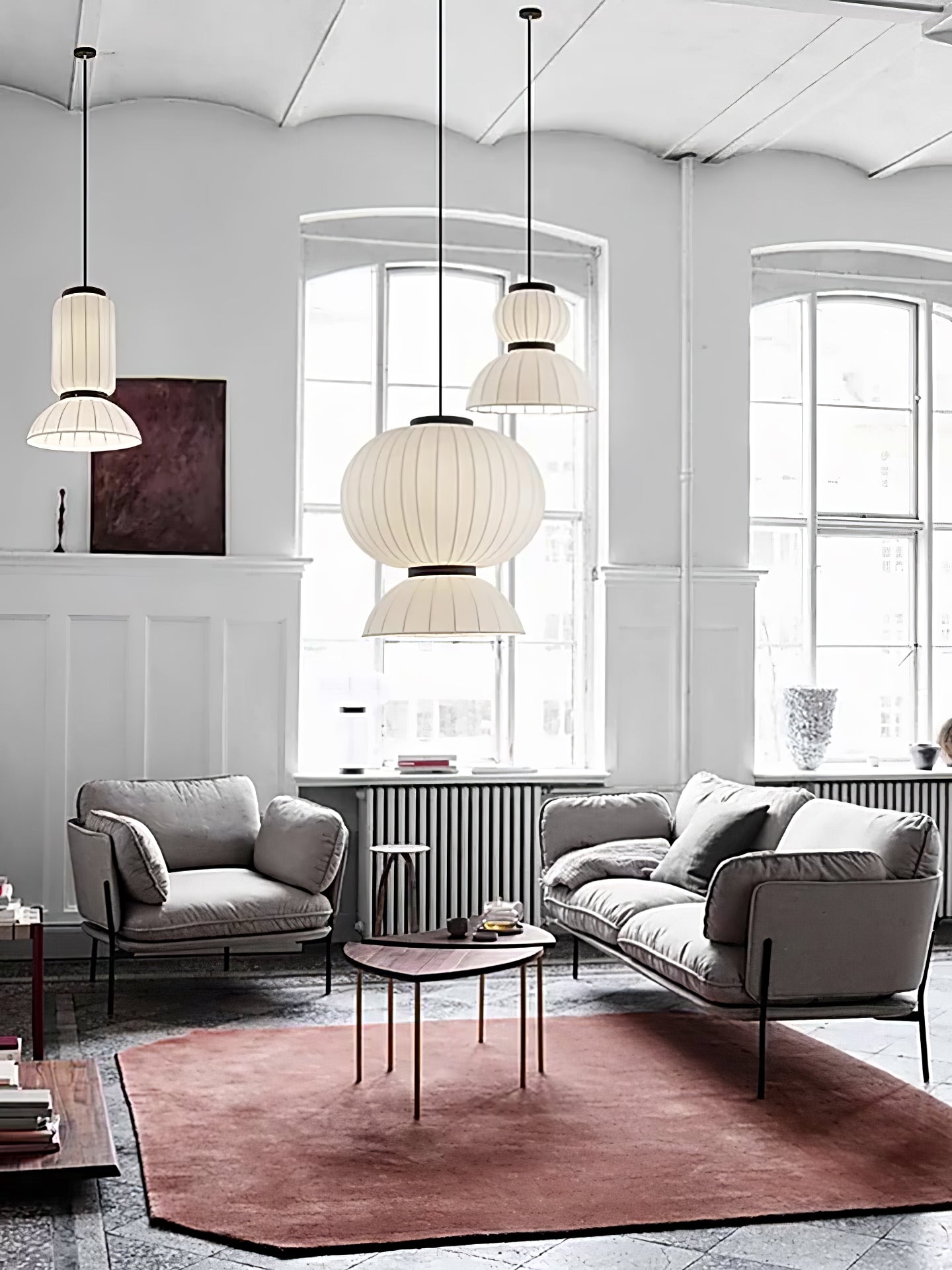Modern Mulberry Silk Lantern Pendant Light White Fabric Chandelier with Oak Wood Ring