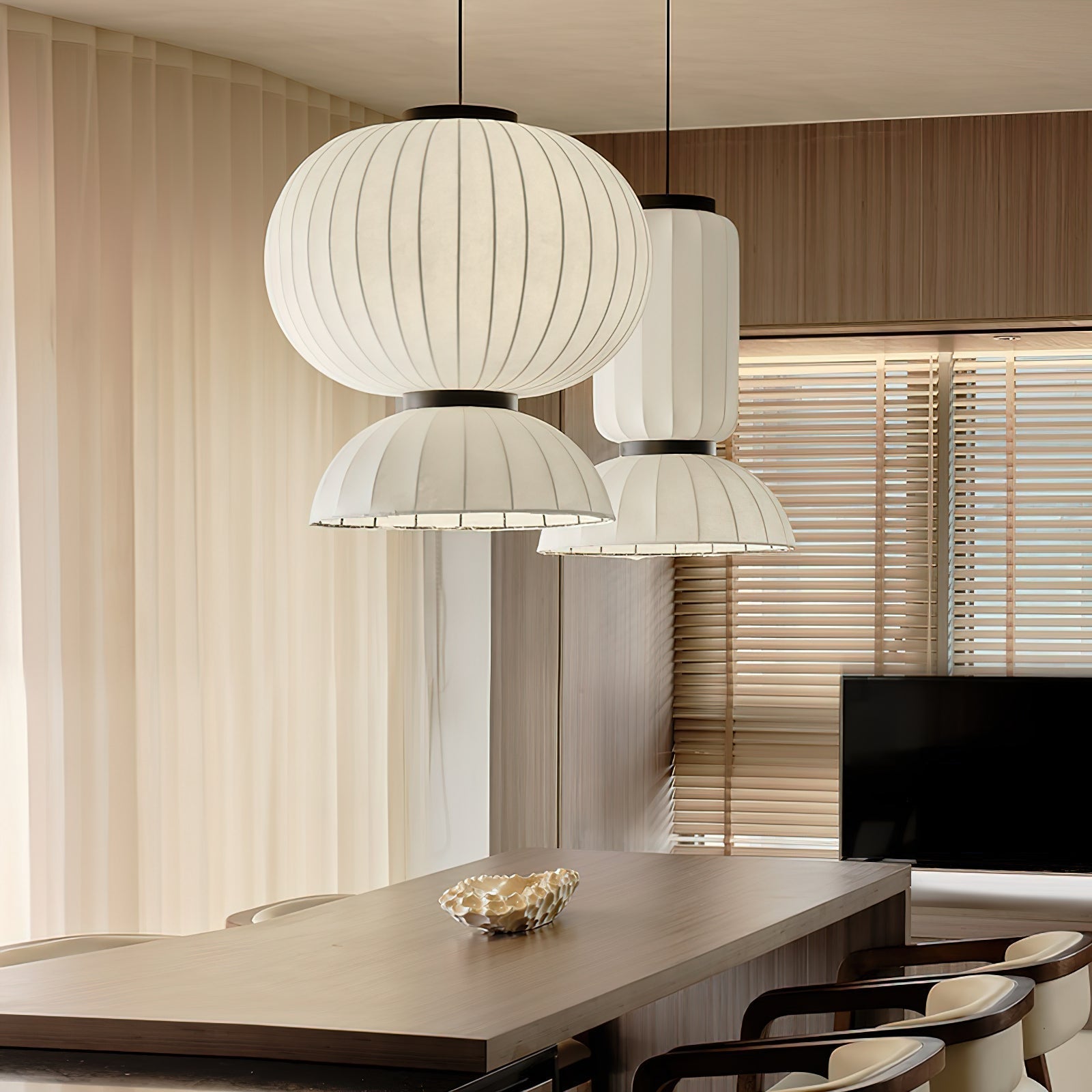 Modern Mulberry Silk Lantern Pendant Light White Fabric Chandelier with Oak Wood Ring
