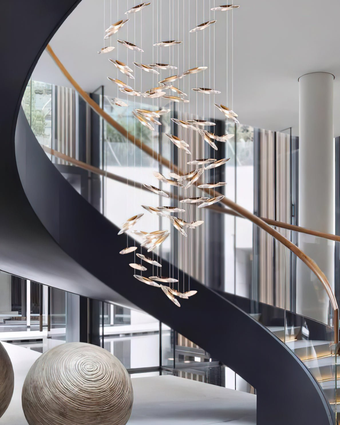 Modern Multi Head Moonlight Whispers Glass LED Chandelier for High Ceiling Interiors