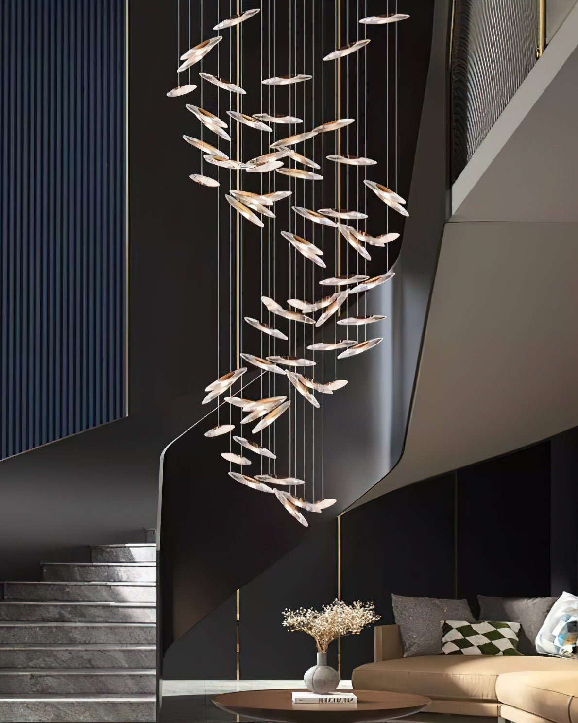 Modern Multi Head Moonlight Whispers Glass LED Chandelier for High Ceiling Interiors