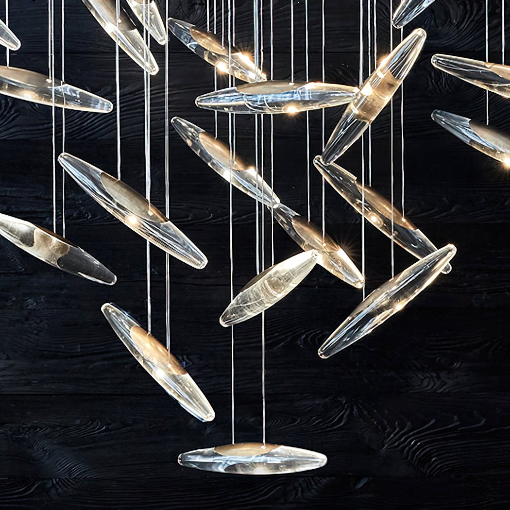 Modern Multi Head Moonlight Whispers Glass LED Chandelier for High Ceiling Interiors