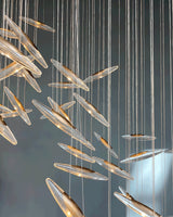 Modern Multi Head Moonlight Whispers Glass LED Chandelier for High Ceiling Interiors