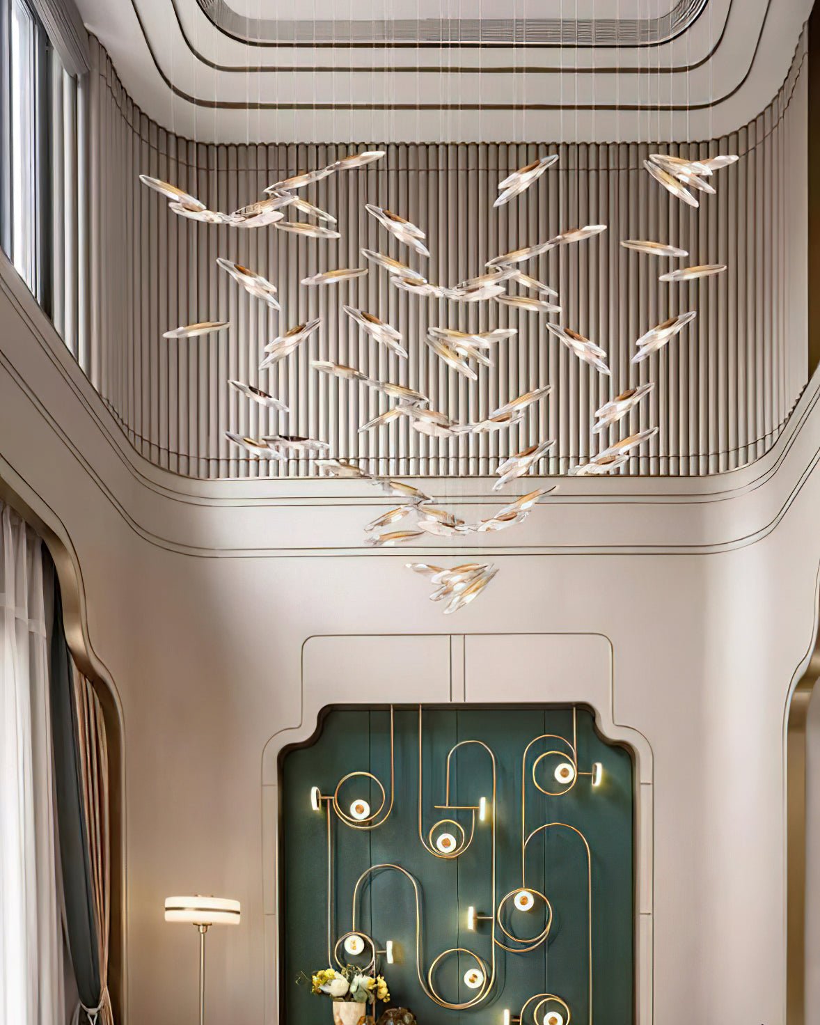 Modern Multi Head Moonlight Whispers Glass LED Chandelier for High Ceiling Interiors