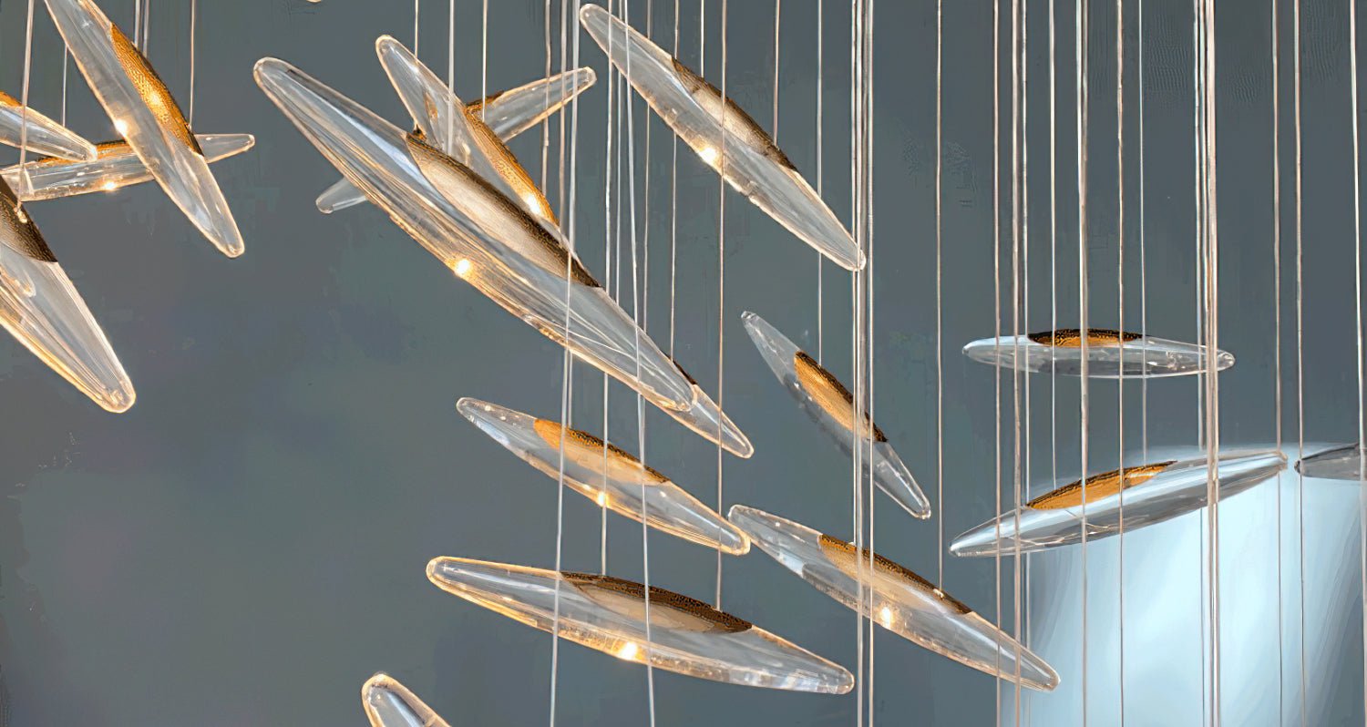 Modern Multi Head Moonlight Whispers Glass LED Chandelier for High Ceiling Interiors