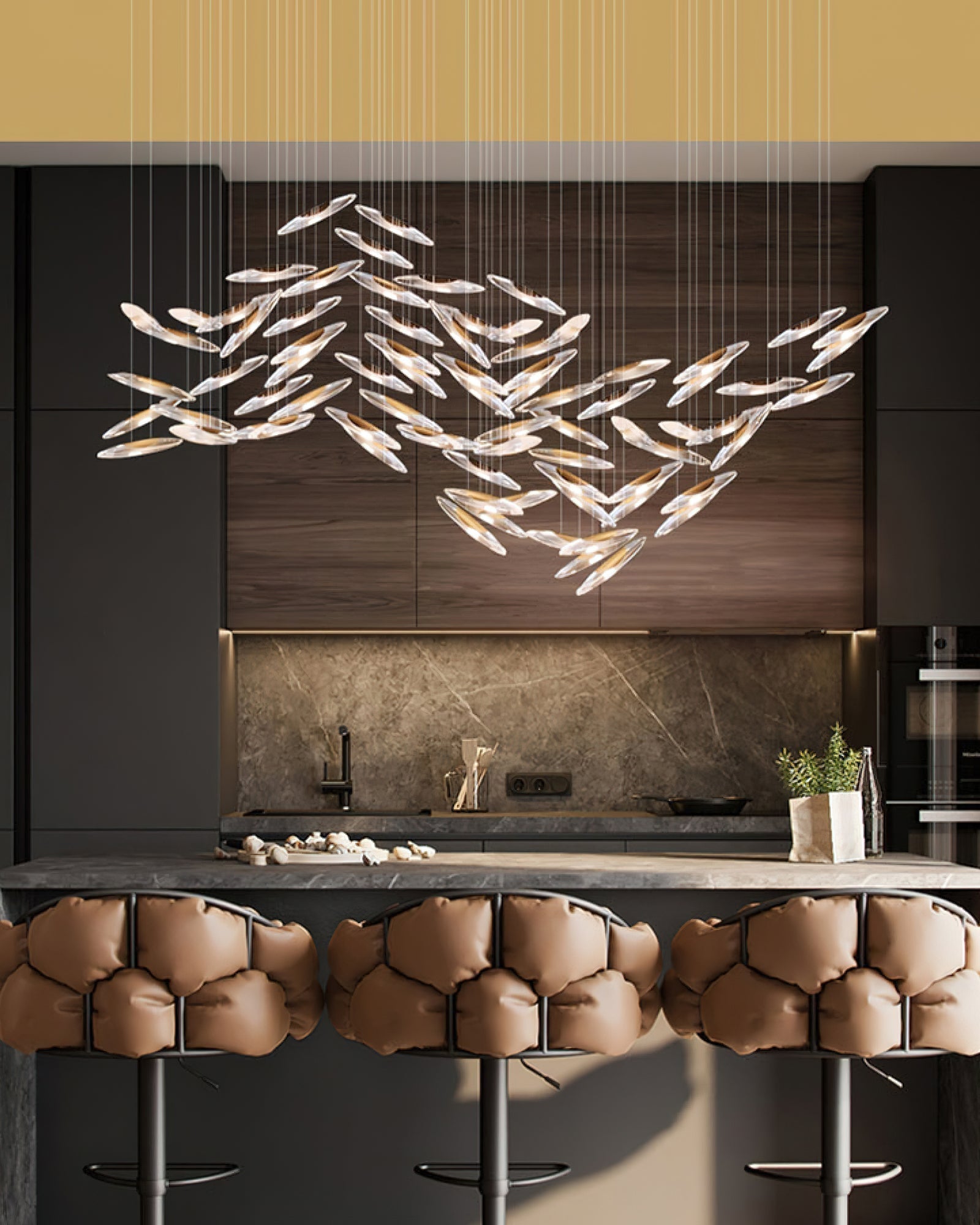 Modern Multi Head Moonlight Whispers Glass LED Chandelier for High Ceiling Interiors