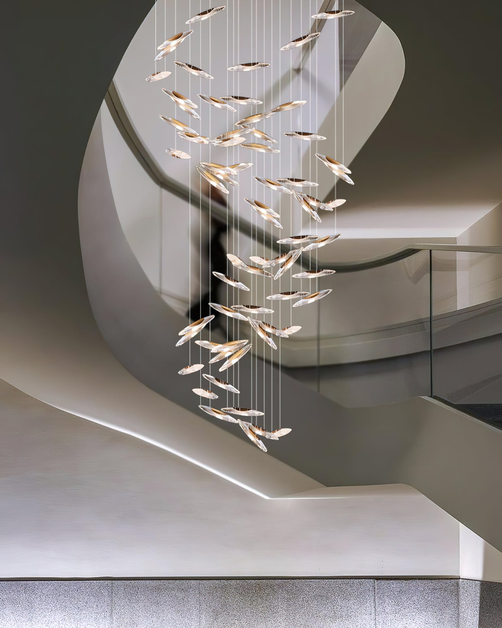 Modern Multi Head Moonlight Whispers Glass LED Chandelier for High Ceiling Interiors
