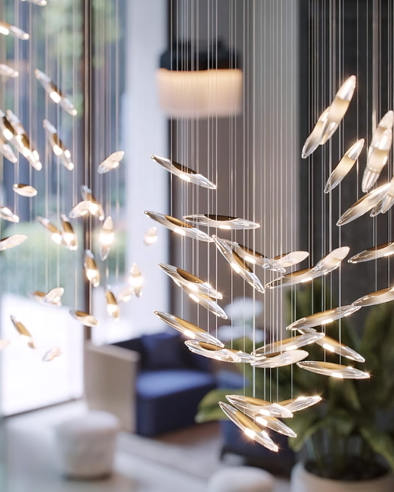 Modern Multi Head Moonlight Whispers Glass LED Chandelier for High Ceiling Interiors