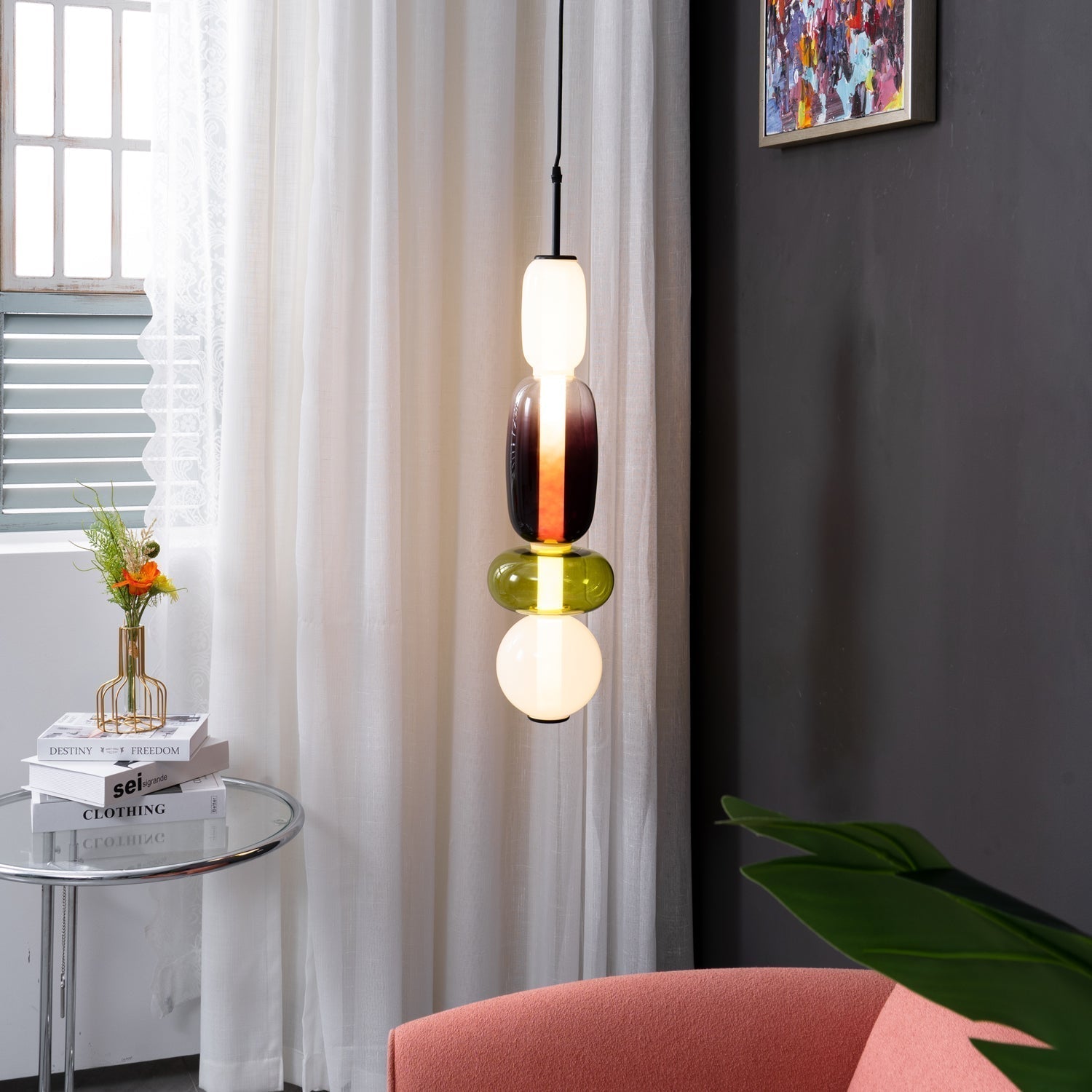 Modern Multicolored Candied Glass Pendant Light with Adjustable LED Ceiling Fixture