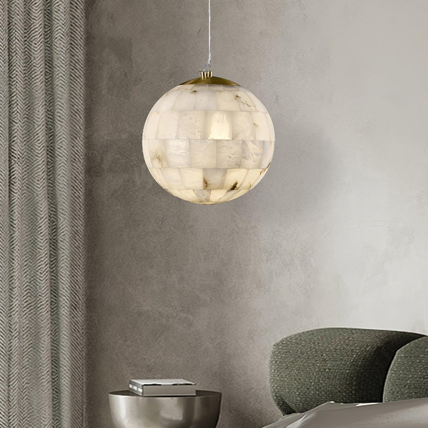 Modern Natural Alabaster Sphere Pendant Light with Solid Brass Hardware Luxury Stone Globe Lamp