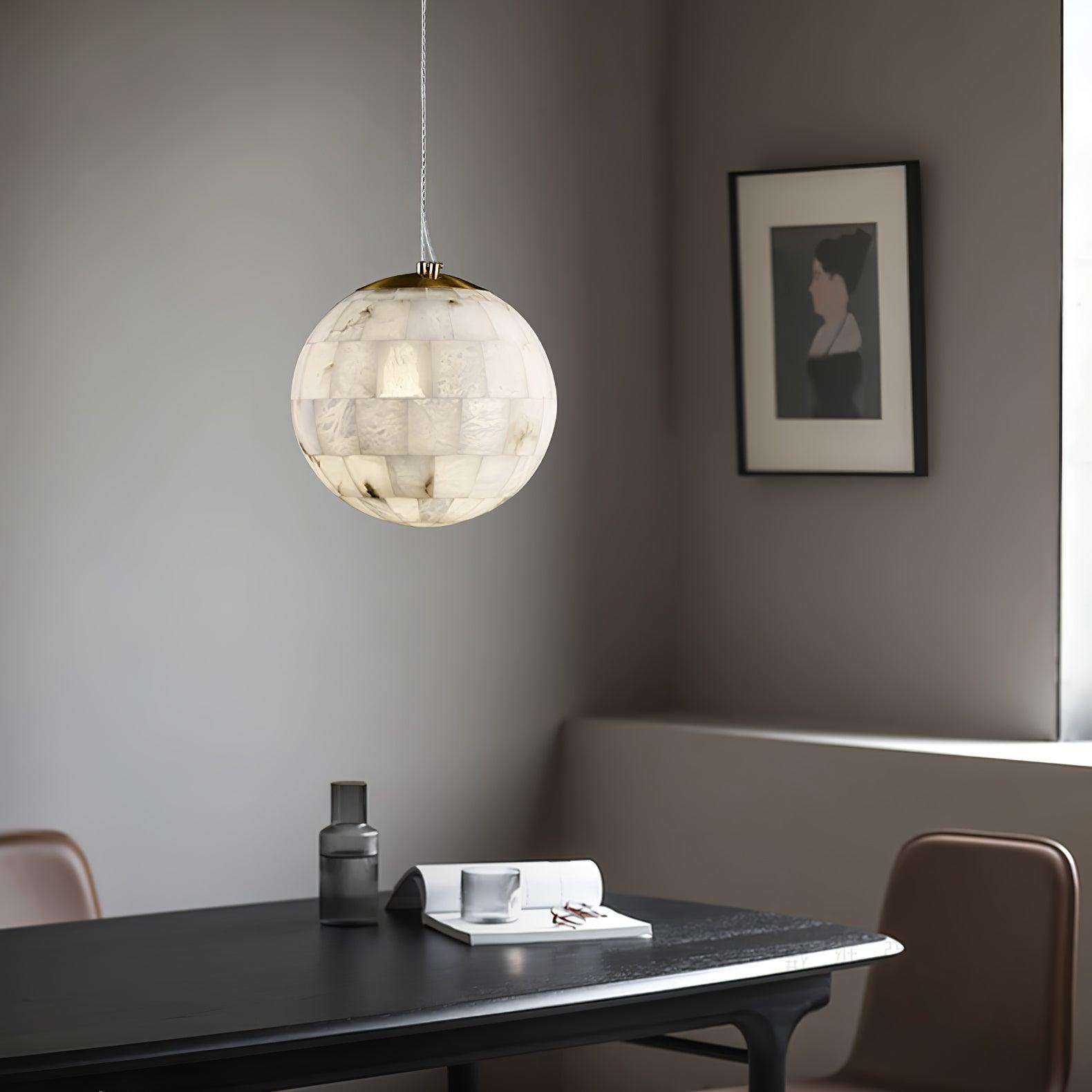 Modern Natural Alabaster Sphere Pendant Light with Solid Brass Hardware Luxury Stone Globe Lamp