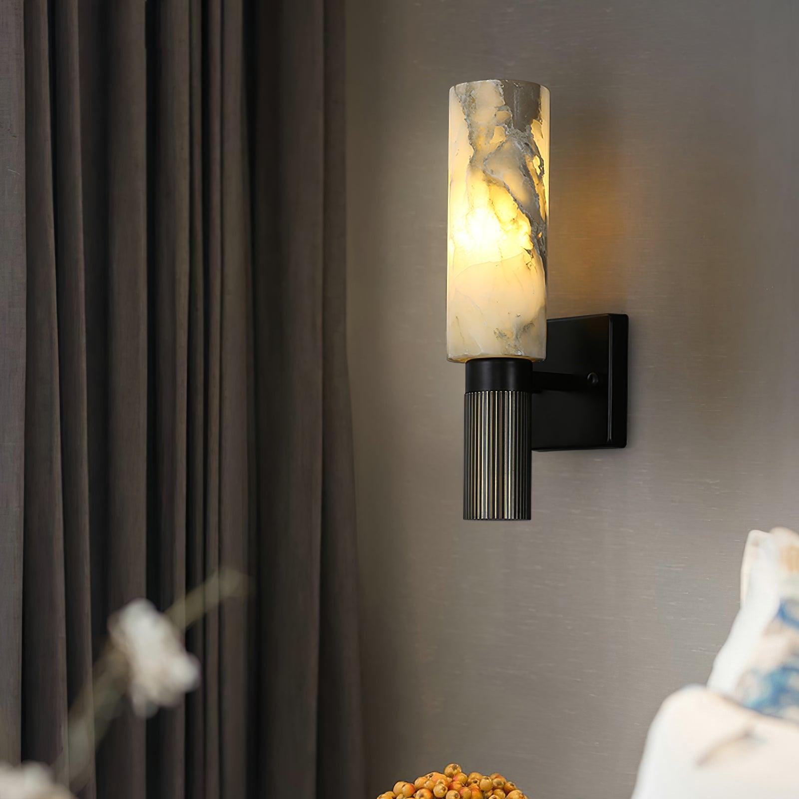 Modern Natural Alabaster Stone Torch Wall Sconce with Blackened Brass Hardware