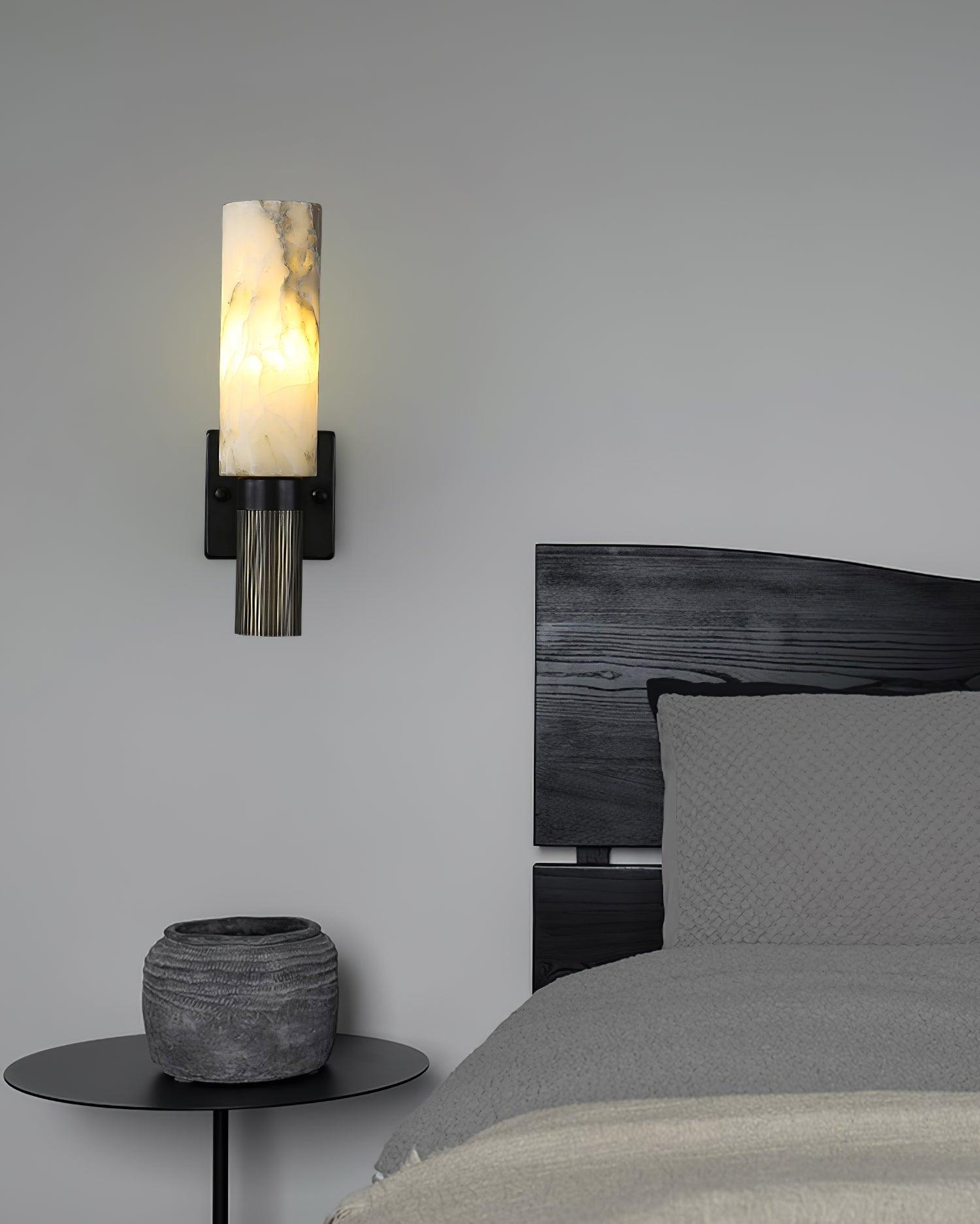 Modern Natural Alabaster Stone Torch Wall Sconce with Blackened Brass Hardware