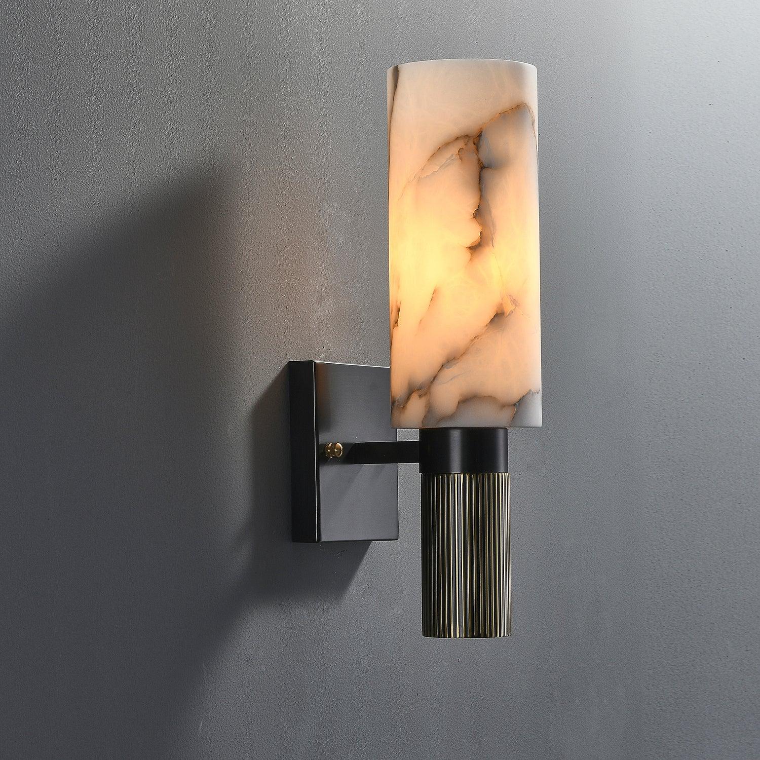 Modern Natural Alabaster Stone Torch Wall Sconce with Blackened Brass Hardware