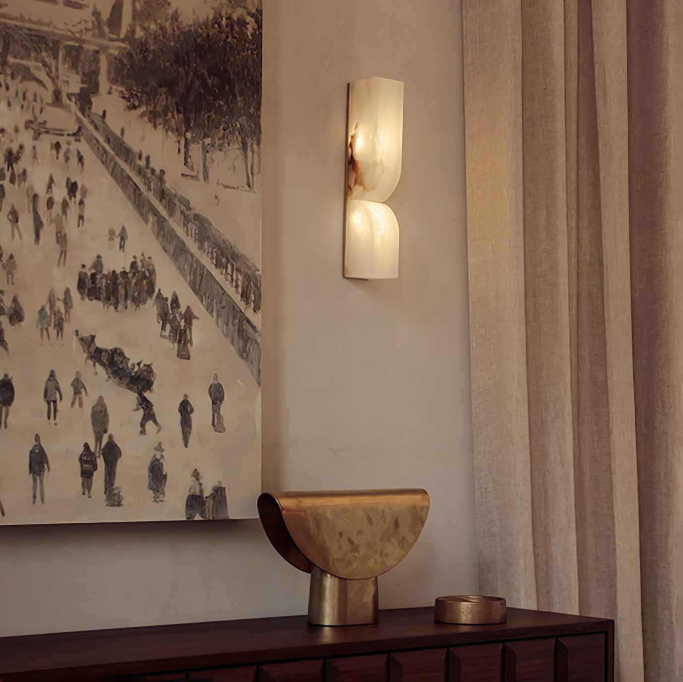 Modern Natural Alabaster Stone Wall Sconce Set of Two Integrated LED Gold Wall Light