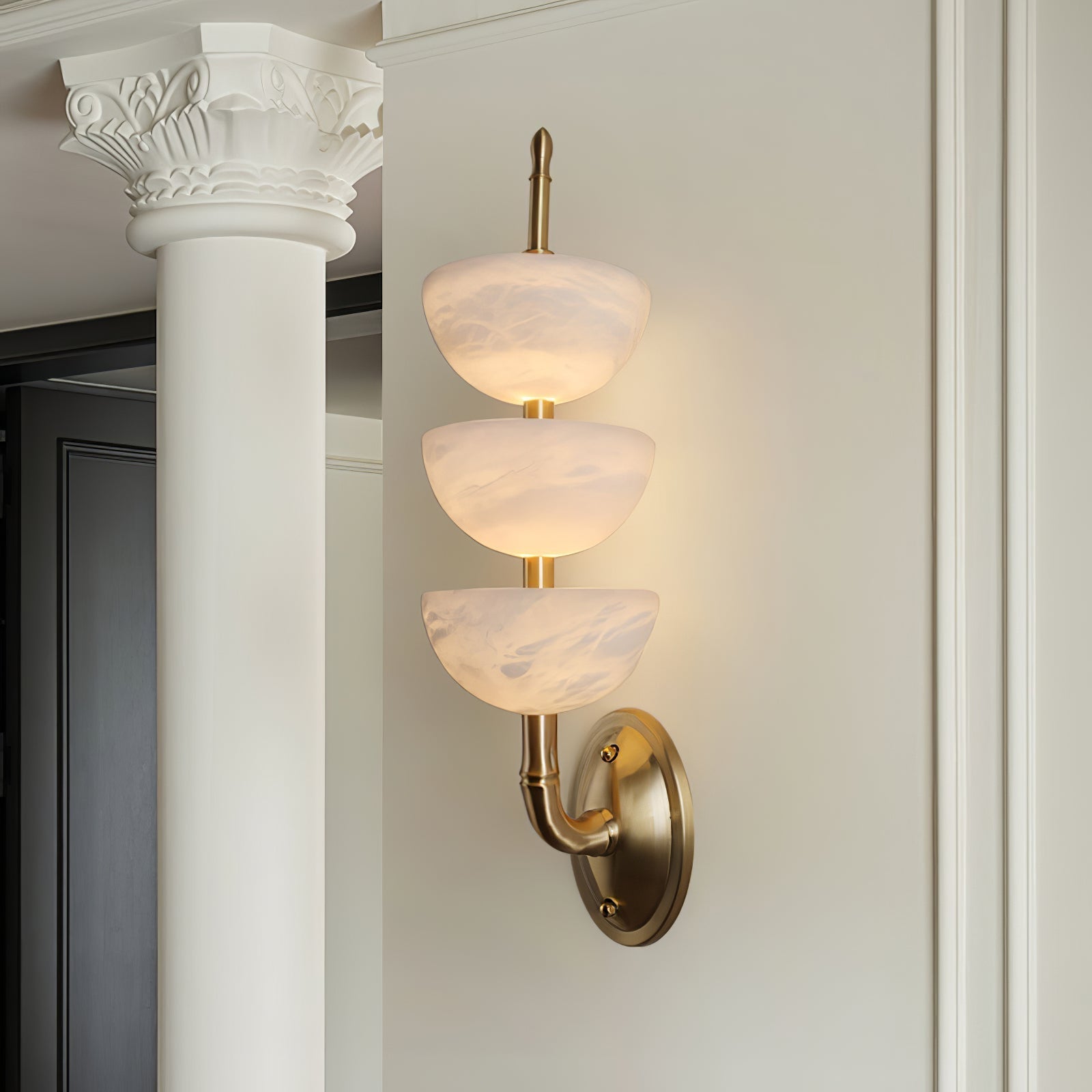 Modern Natural Alabaster Stone Wall Sconce with Brass Finish Set of 2 Indoor LED Lighting