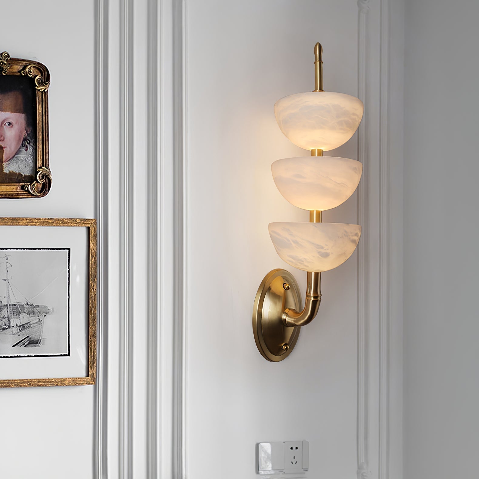 Modern Natural Alabaster Stone Wall Sconce with Brass Finish Set of 2 Indoor LED Lighting