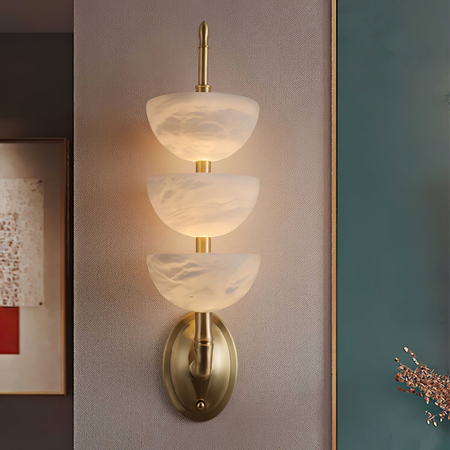 Modern Natural Alabaster Stone Wall Sconce with Brass Finish Set of 2 Indoor LED Lighting