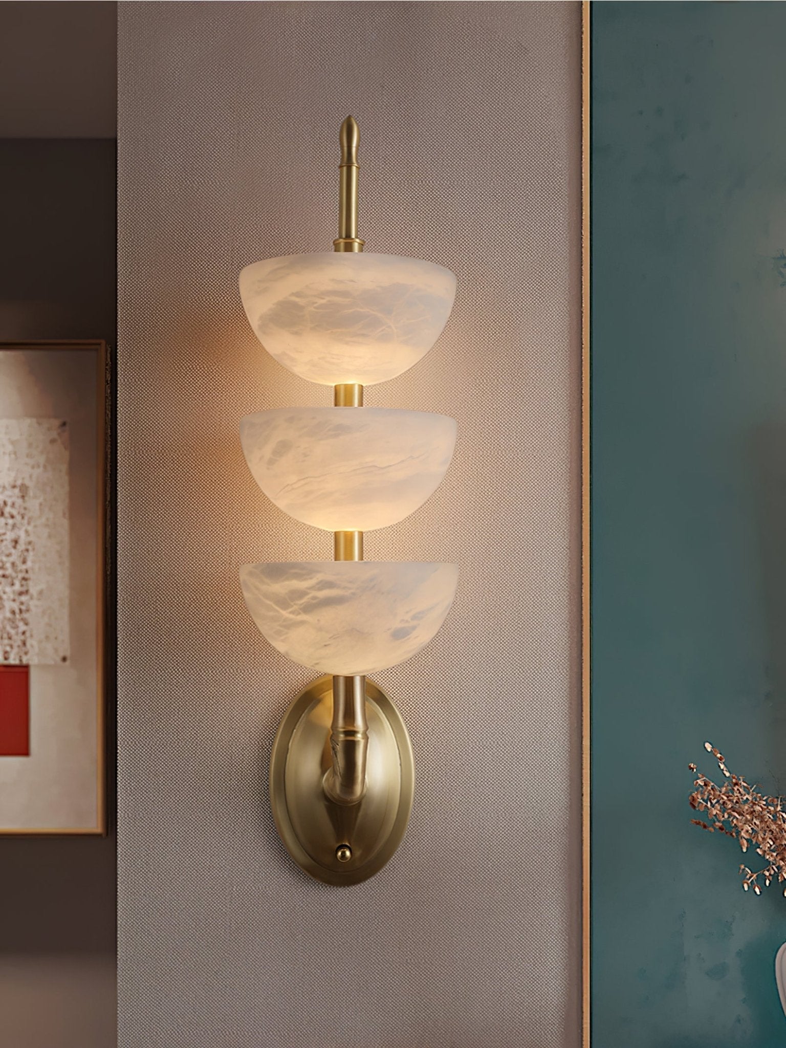 Modern Natural Alabaster Stone Wall Sconce with Brass Finish Set of 2 Indoor LED Lighting