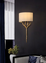 Modern Nature Inspired Brass Tree Branch Sconce with Fabric Shade Indoor Wall Light