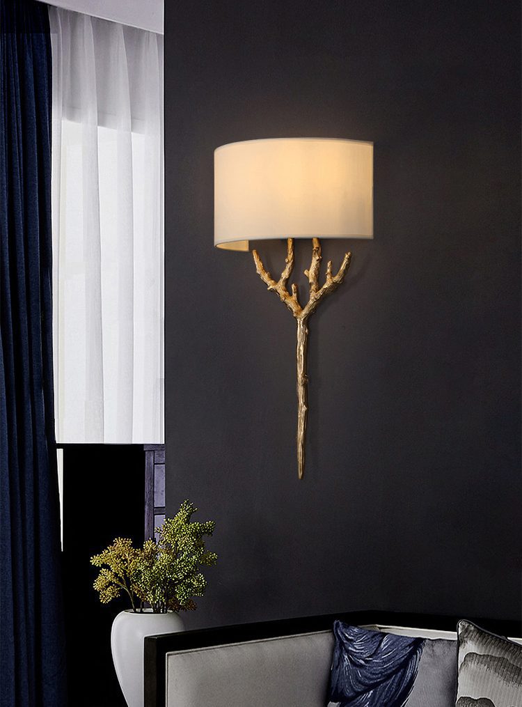 Modern Nature Inspired Brass Tree Branch Sconce with Fabric Shade Indoor Wall Light