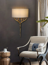 Modern Nature Inspired Brass Tree Branch Sconce with Fabric Shade Indoor Wall Light