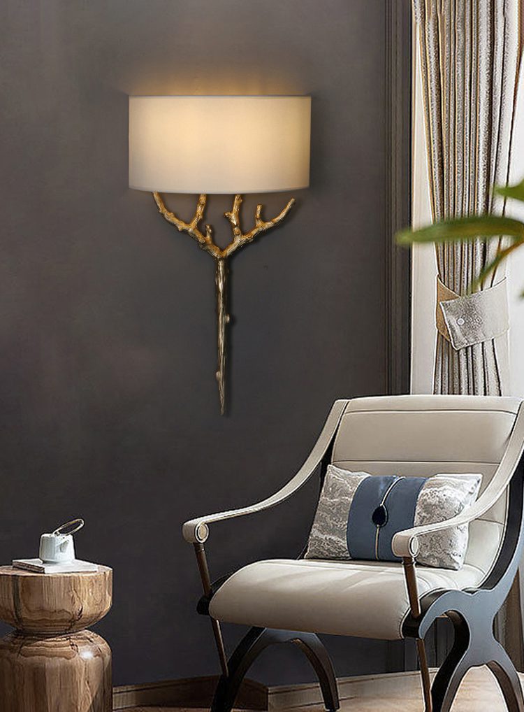 Modern Nature Inspired Brass Tree Branch Sconce with Fabric Shade Indoor Wall Light