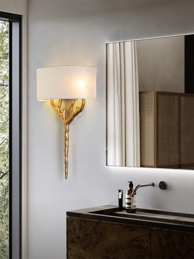 Modern Nature Inspired Brass Tree Branch Sconce with Fabric Shade Indoor Wall Light