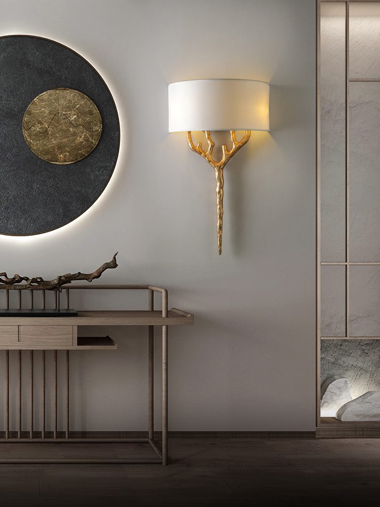 Modern Nature Inspired Brass Tree Branch Sconce with Fabric Shade Indoor Wall Light