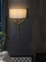 Modern Nature Inspired Brass Tree Branch Sconce with Fabric Shade Indoor Wall Light
